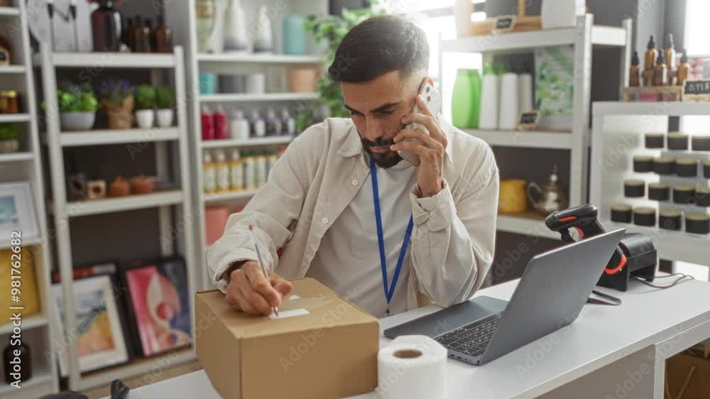 Young man talking on phone while packing a box in home decor store with various items on shelves in background Young man talking on phone while packing a box in home decor store with various items on shelves in background
