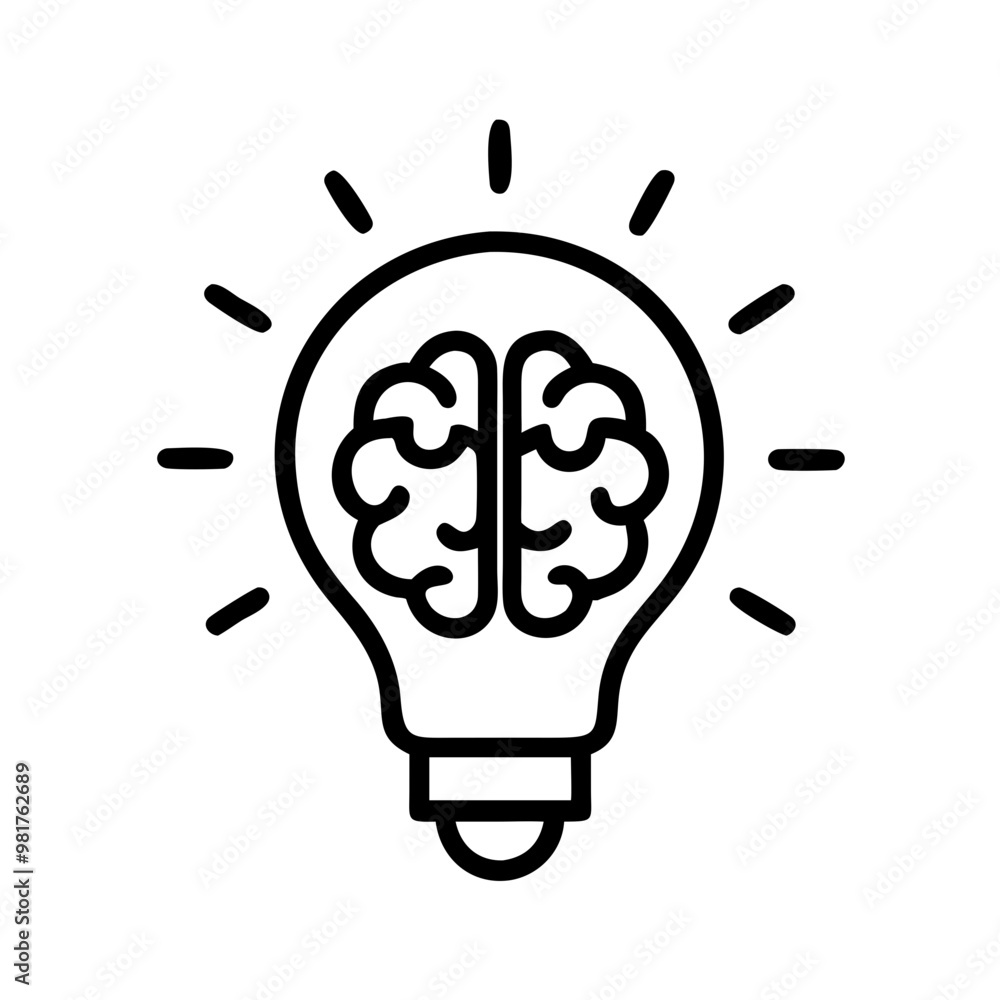 Brain inside lightbulb icon in black outline, creativity and intelligence concept Brain inside lightbulb icon in black outline, creativity and intelligence concept
