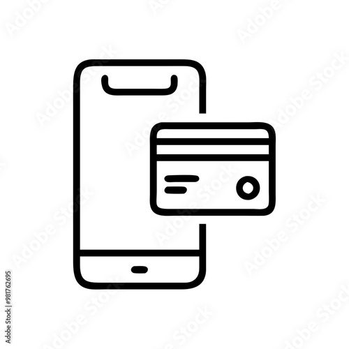 Mobile phone with credit card icon in black outline, digital payment concept, online shopping 