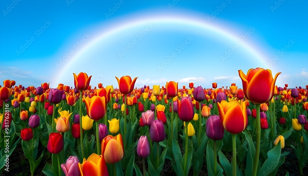 A vibrant landscape of multicolored tulip fields under a bright blue sky, with a full rainbow arcing overhead. A vibrant landscape of multicolored tulip fields under a bright blue sky, with a full rainbow arcing overhead.