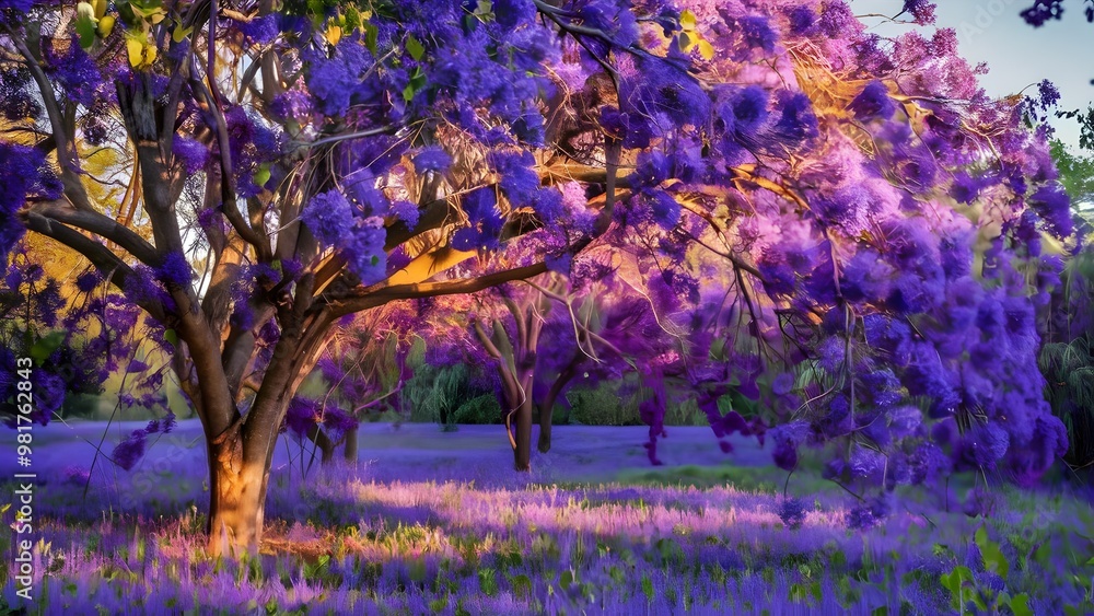 Naklejka premium Jacaranda tree in full bloom with purple flowers carpeting the ground