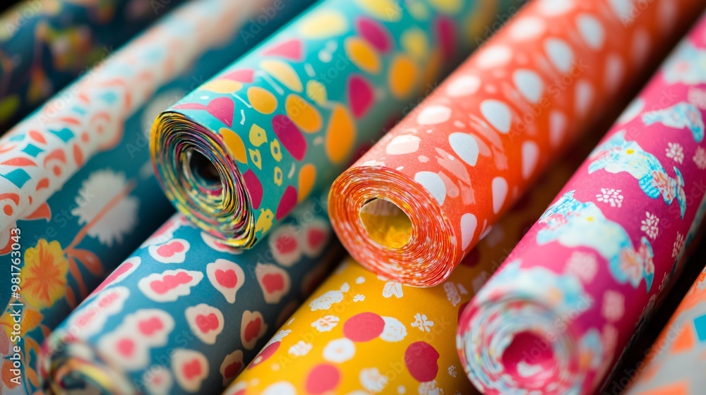 Closeup of brightly colored patterned paper rolls. Closeup of brightly colored patterned paper rolls.