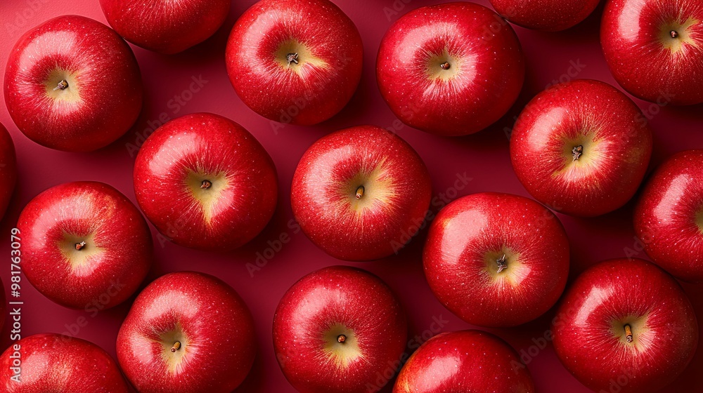 A Close-Up View of Perfectly Arranged Red Apples on a Red Background A Close-Up View of Perfectly Arranged Red Apples on a Red Background