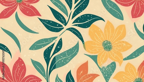 Wallpaper Mural Vibrant Floral Pattern with Tropical Leaves and Blooms in Vintage Color Palette Torontodigital.ca