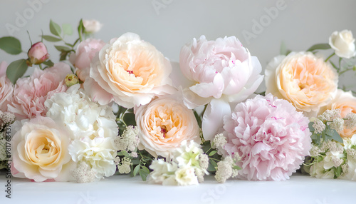Soft, blooming peonies and roses in pastel shades, adding a delicate and feminine touch