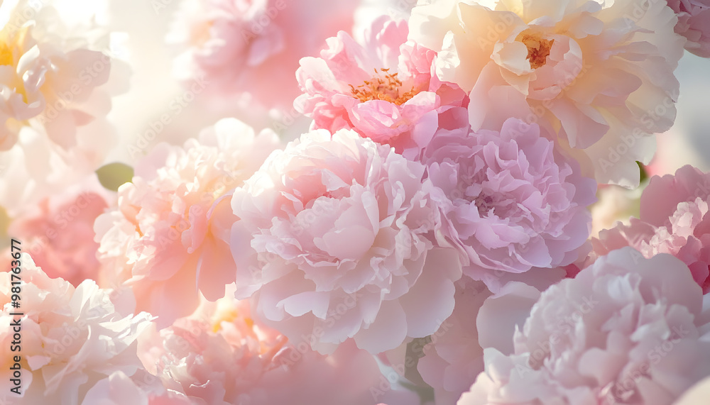 Soft, blooming peonies and roses in pastel shades, adding a delicate and feminine touch Soft, blooming peonies and roses in pastel shades, adding a delicate and feminine touch