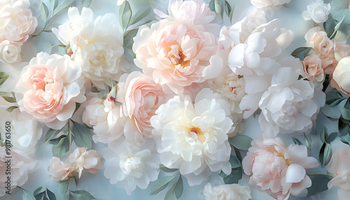 Soft, blooming peonies and roses in pastel shades, adding a delicate and feminine touch