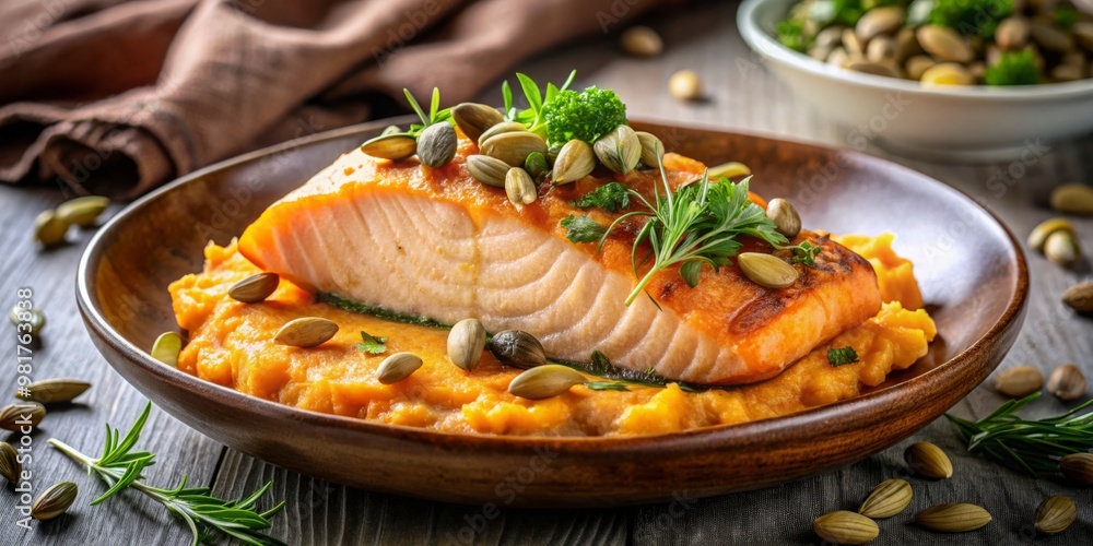 Seared salmon fillet resting atop a velvety mashed sweet potato mound, surrounded by a scattering of toasted almonds and crispy fried capers, set against a soft, natural linen backdrop Seared salmon fillet resting atop a velvety mashed sweet potato mound, surrounded by a scattering of toasted almonds and crispy fried capers, set against a soft, natural linen backdrop