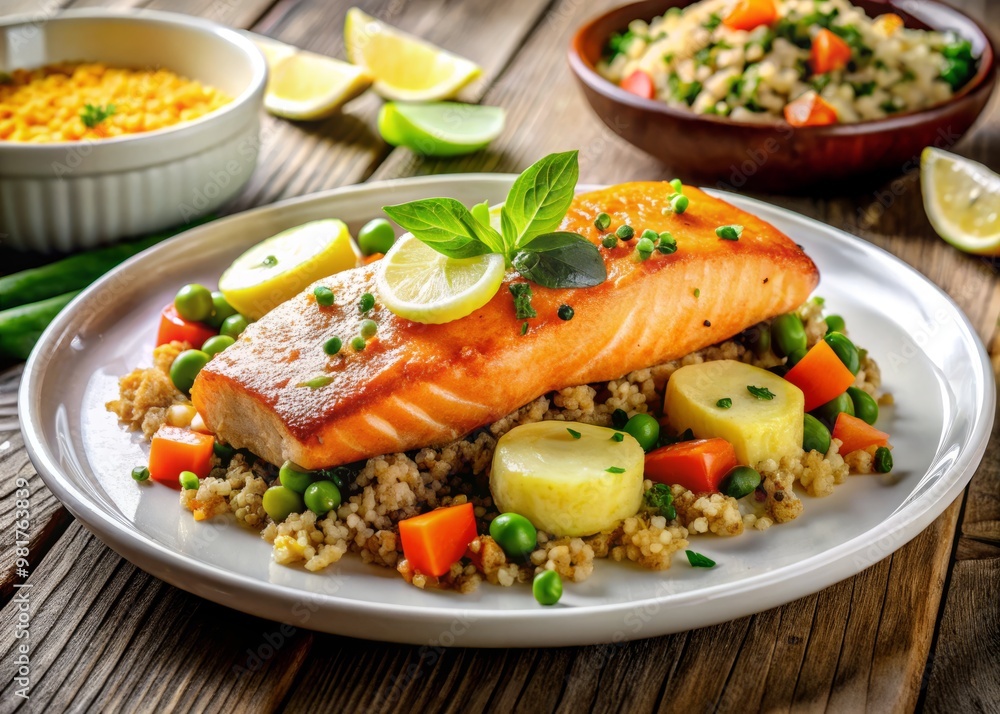 Pan-seared salmon fillet topped with a vibrant citrus-herb butter, served with a side of sautéed baby vegetables and quinoa, on a crisp white plate, set against a warm, earthy-toned surface. Pan-seared salmon fillet topped with a vibrant citrus-herb butter, served with a side of sautéed baby vegetables and quinoa, on a crisp white plate, set against a warm, earthy-toned surface.