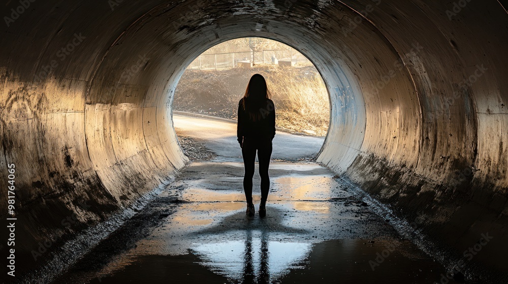 Fototapeta premium A silhouette of a person standing in a tunnel, illuminated by light at the end.