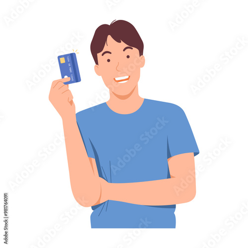 Vector illustration of man paying with credit card. Shopping with debit card.