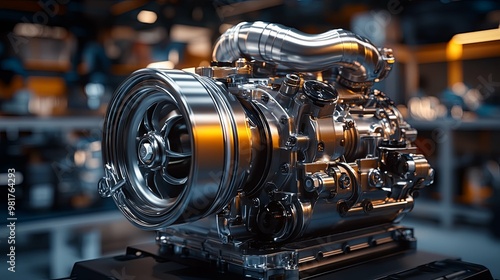 Close-up of a Polished Metal Engine with a Large Fan Wheel