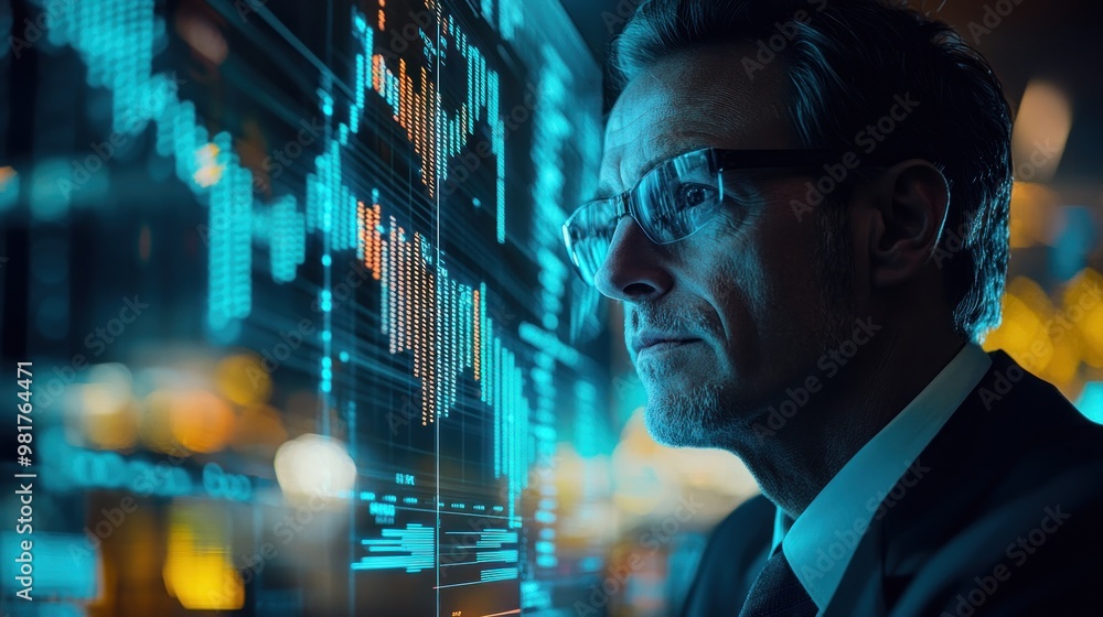 A focused professional analyzing data on a digital screen in a modern office setting. A focused professional analyzing data on a digital screen in a modern office setting.