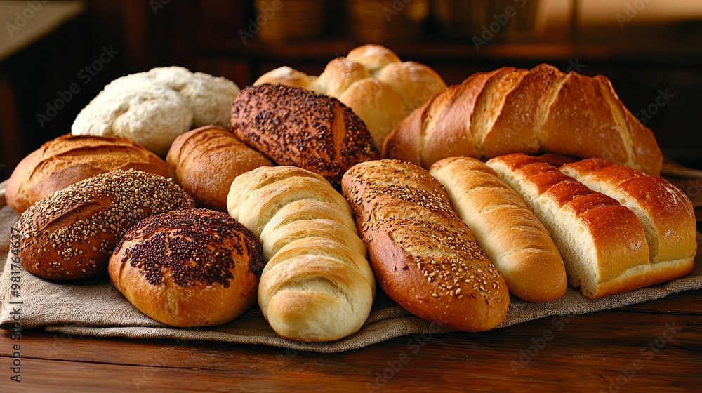 Assortment of Freshly Baked Breads on Rustic Tabletop Assortment of Freshly Baked Breads on Rustic Tabletop