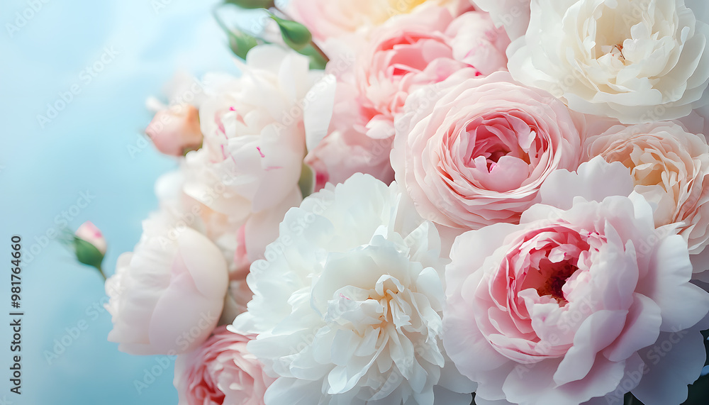 Soft, blooming peonies and roses in pastel shades, adding a delicate and feminine touch Soft, blooming peonies and roses in pastel shades, adding a delicate and feminine touch