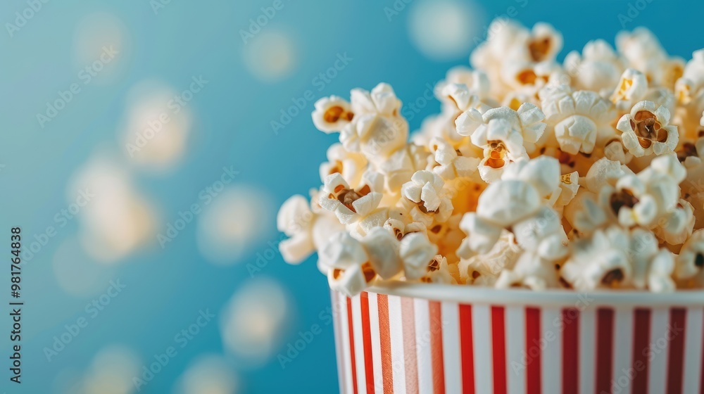A vibrant red and white striped bucket filled with fluffy popcorn ready for a cozy movie night at home A vibrant red and white striped bucket filled with fluffy popcorn ready for a cozy movie night at home