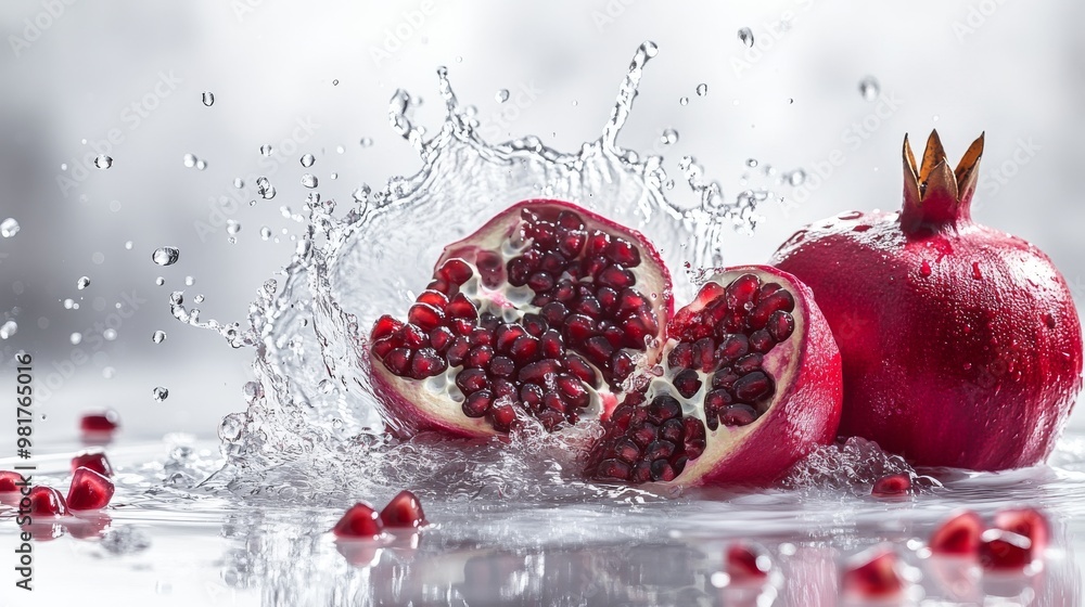 Pomegranate Fruit Splashing in Water with Seeds Pomegranate Fruit Splashing in Water with Seeds