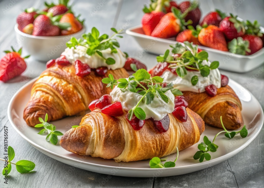 Freshly baked croissants layered with sweet and tangy strawberry compote, topped with a dollop of whipped cream and microgreens, all on a crisp white plate Freshly baked croissants layered with sweet and tangy strawberry compote, topped with a dollop of whipped cream and microgreens, all on a crisp white plate