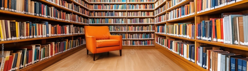 A cozy library corner featuring a bright orange chair surrounded by shelves filled with books, inviting reading and relaxation. A cozy library corner featuring a bright orange chair surrounded by shelves filled with books, inviting reading and relaxation.