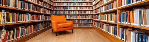 A cozy library corner featuring a bright orange chair surrounded by shelves filled with books, inviting reading and relaxation.