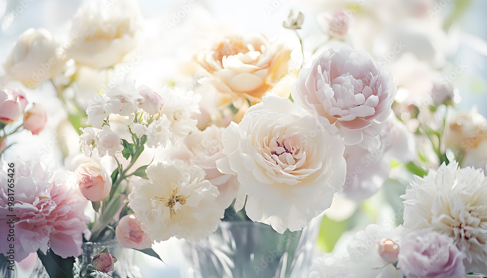 Soft, blooming peonies and roses in pastel shades, adding a delicate and feminine touch Soft, blooming peonies and roses in pastel shades, adding a delicate and feminine touch