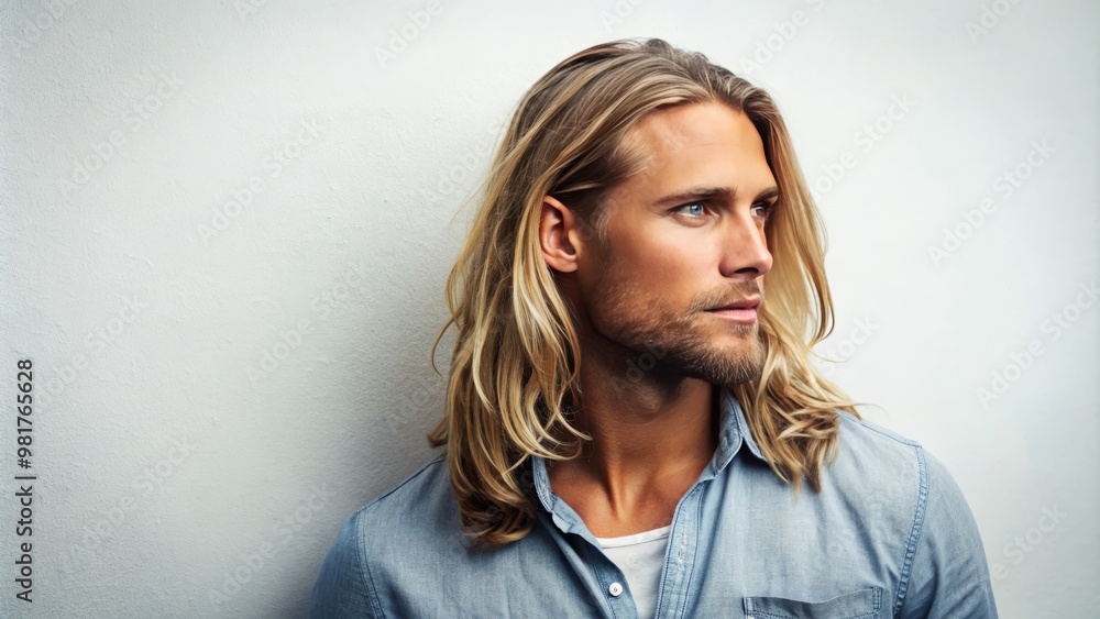 A blonde Adonis with sun-kissed locks and a chiseled jawline stands tall against a bright white background, his A blonde Adonis with sun-kissed locks and a chiseled jawline stands tall against a bright white background, his