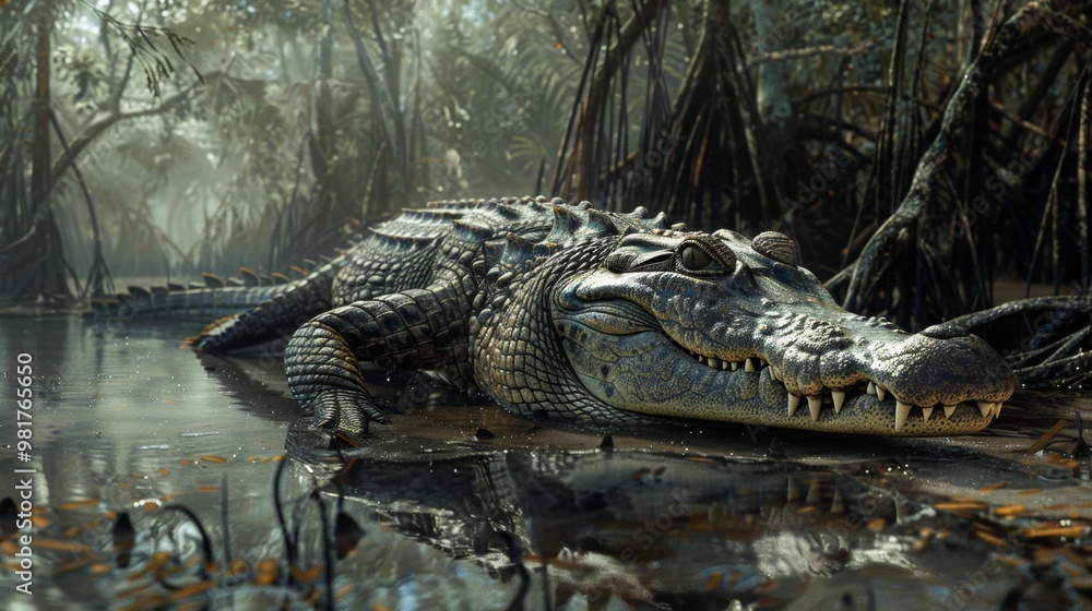 Fototapeta premium Alligator Lurking in Mysterious Swamp with Misty Atmosphere