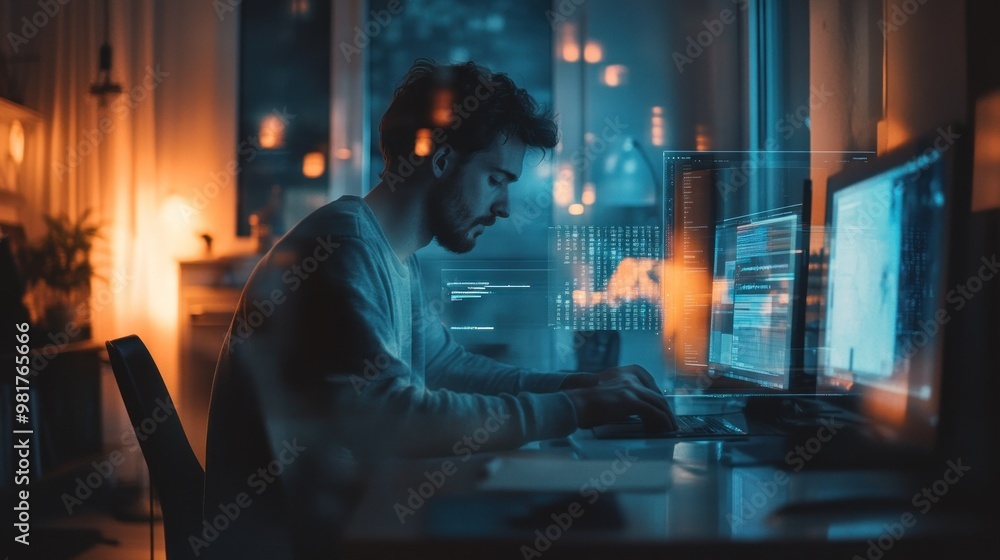 A focused individual working at a computer, illuminated by ambient light and screens. A focused individual working at a computer, illuminated by ambient light and screens.