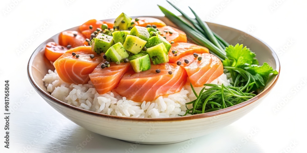 A mouthwatering salmon poke bowl overflowing with succulent pink salmon sashimi, steamed white rice, and crispy seaweed sheets A mouthwatering salmon poke bowl overflowing with succulent pink salmon sashimi, steamed white rice, and crispy seaweed sheets