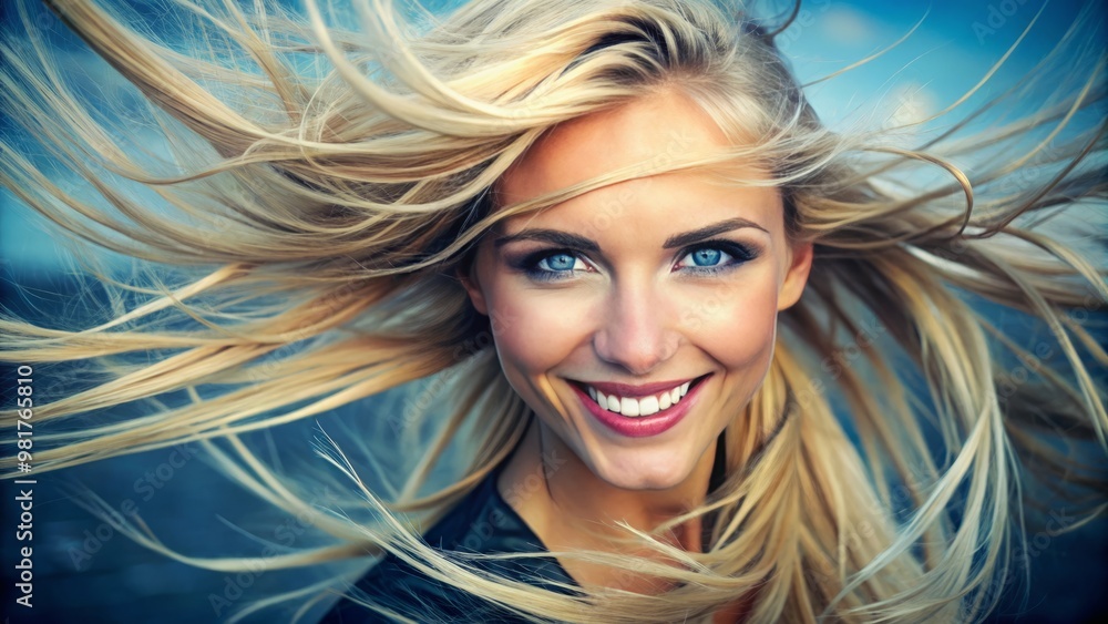 Fototapeta premium A bright and cheerful grin illuminated her face, with piercing blue eyes gazing out from beneath fluttering eyelashes.