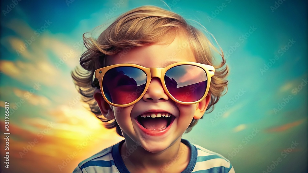A bright-eyed youngster beams with joy, their face aglow from beneath oversize sunglasses, frames adorned with colorful A bright-eyed youngster beams with joy, their face aglow from beneath oversize sunglasses, frames adorned with colorful