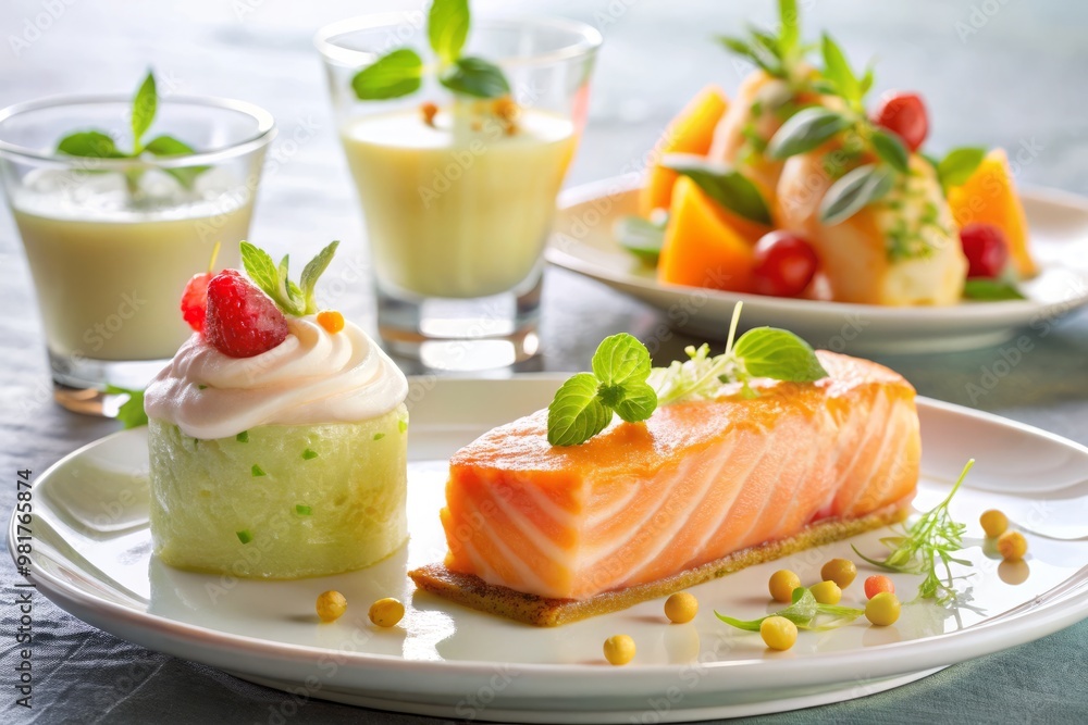 Here are 4 prompts for images of 'Desserts are also available, with suggestions for pairing salmon dishes with light, refreshing sweets.' Here are 4 prompts for images of 'Desserts are also available, with suggestions for pairing salmon dishes with light, refreshing sweets.'