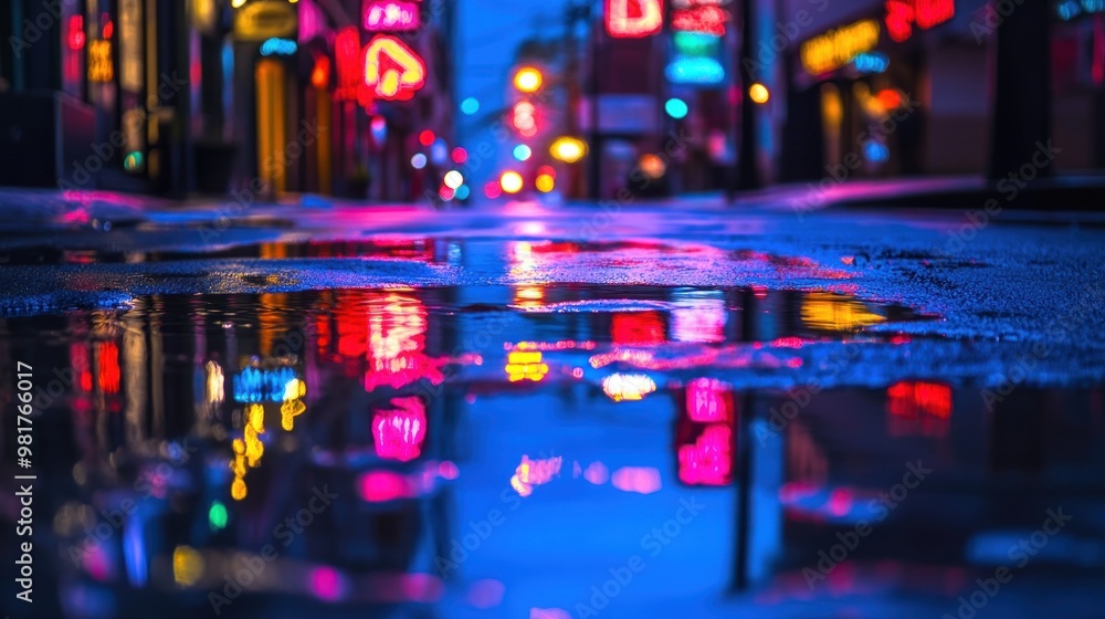 A vibrant urban scene reflecting neon lights on wet pavement. A vibrant urban scene reflecting neon lights on wet pavement.