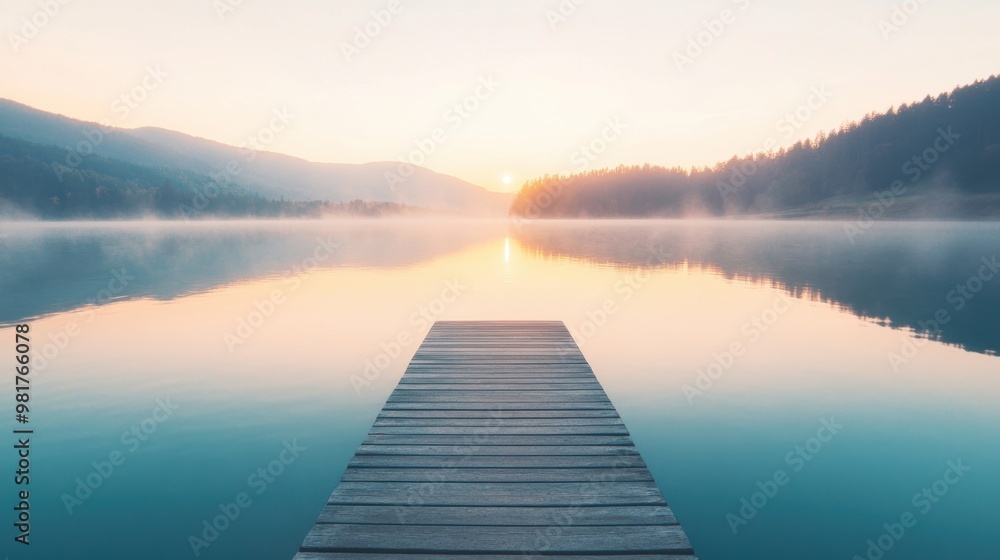 A wooden pier stretches out over tranquil waters, reflecting the soft hues of dawn as mist rises from the lake's surface A wooden pier stretches out over tranquil waters, reflecting the soft hues of dawn as mist rises from the lake's surface