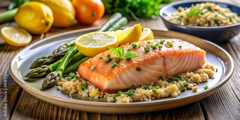 Fresh salmon fillet baked with herbs and lemon, rested on a decorative plate with a side of garlic quinoa and steamed asparagus Fresh salmon fillet baked with herbs and lemon, rested on a decorative plate with a side of garlic quinoa and steamed asparagus