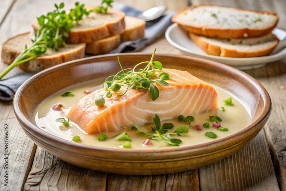 Delicate flakes of poached salmon peeking out from beneath a velvety white wine sauce, served in a shallow ceramic dish and garnished with a sprinkle of microgreens and a slice of crusty bread. Delicate flakes of poached salmon peeking out from beneath a velvety white wine sauce, served in a shallow ceramic dish and garnished with a sprinkle of microgreens and a slice of crusty bread.