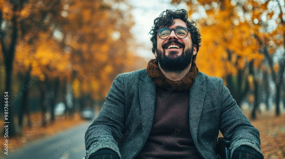 A cheerful businessman in a wheelchair is enjoying a sunny autumn day surrounded by colorful trees with golden leaves A cheerful businessman in a wheelchair is enjoying a sunny autumn day surrounded by colorful trees with golden leaves