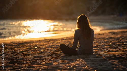 A person sits on the beach at sunset, reflecting on the serene environment.