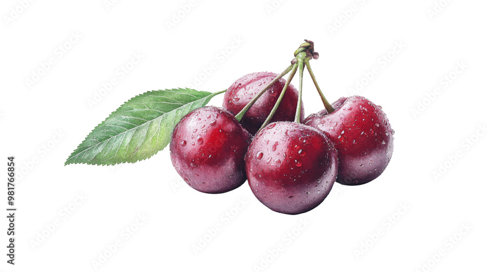 Obraz premium Close-up of fresh, juicy cherries with vibrant red color and water droplets, featuring a green leaf, isolated on a white background.