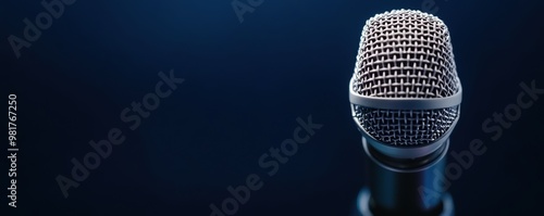 Close-up of a dynamic microphone on a stage with a dark blue background, live performance, concert, music show