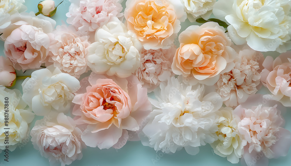 Soft, blooming peonies and roses in pastel shades, adding a delicate and feminine touch Soft, blooming peonies and roses in pastel shades, adding a delicate and feminine touch