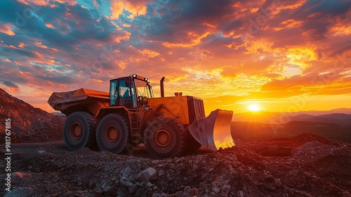 Yellow Dump Truck at Sunset in a Quarry