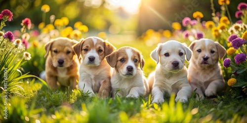 Adorable Daniff Puppies Playing Together in a Sunny Outdoor Setting with Green Grass and Flowers photo