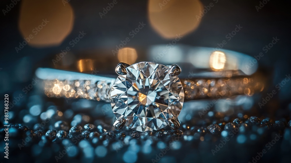 A close-up of a sparkling diamond engagement ring on a textured surface. A close-up of a sparkling diamond engagement ring on a textured surface.