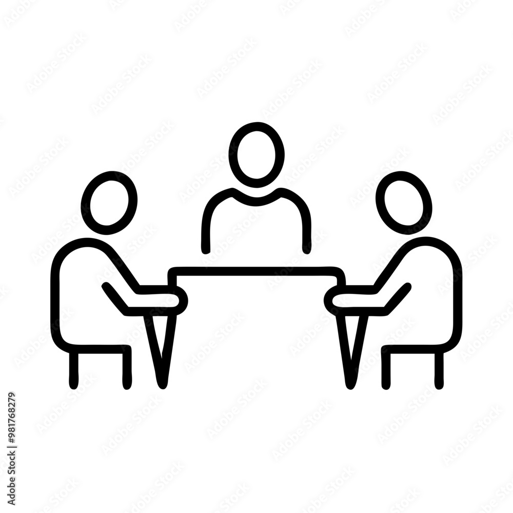 Three people in a meeting icon in black outline, teamwork and collaboration concept Three people in a meeting icon in black outline, teamwork and collaboration concept