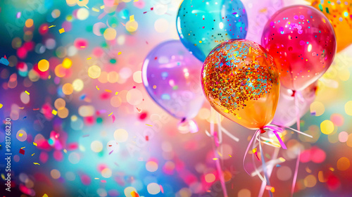 Colorful balloons and confetti create a festive celebration atmosphere. Perfect for parties, birthdays, and joyful events.