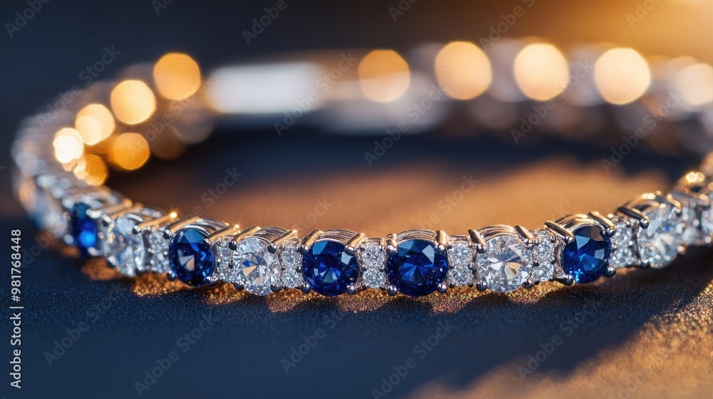 A close-up of a stunning bracelet featuring blue gemstones and sparkling diamonds. A close-up of a stunning bracelet featuring blue gemstones and sparkling diamonds.