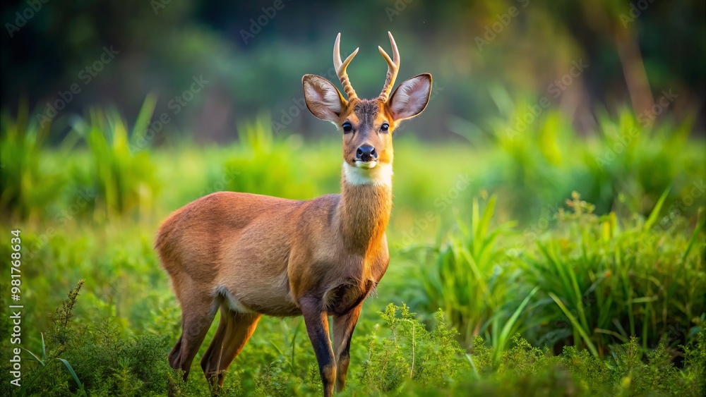 A gentle hog deer stands still, its inquisitive eyes taking in the scene before it, focused intently on A gentle hog deer stands still, its inquisitive eyes taking in the scene before it, focused intently on