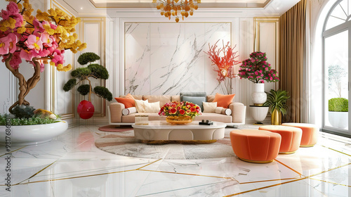 Wallpaper Mural Living room with a lot of colorful flowers pink yellow bonsai and green leaves and white marble and gold line nature floor perfection luxurious Torontodigital.ca