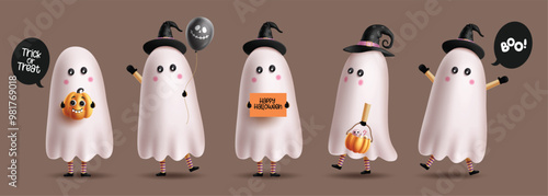 Halloween ghost characters vector set design. Halloween kids wearing ghost costume and witch hat for trick or treat horror party celebration. Vector illustration cute characters collection.  
